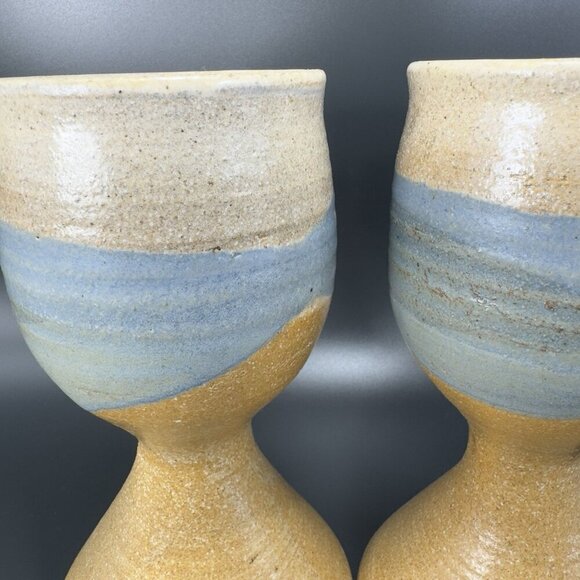 Vintage Large Footed Goblets Cups Set 2 Brown Stoneware Pottery Artist Signed - Picture 7 of 14
